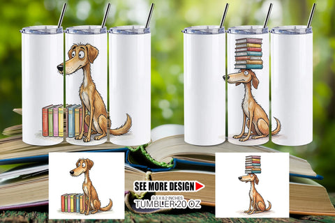 Tumbler Bibliophile Dog Book Stack Watercolor Sublimation artnoy 