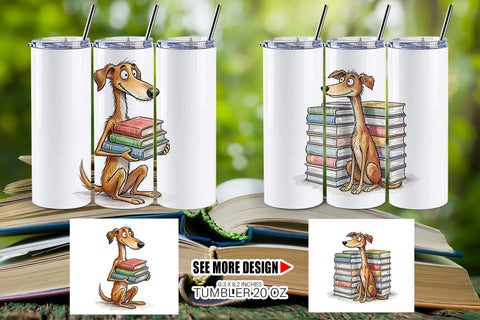Tumbler Bibliophile Dog Book Stack Watercolor Sublimation artnoy 