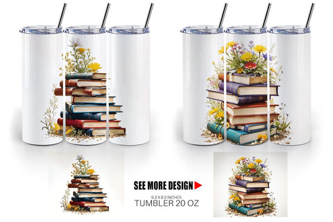 Tumbler Books and Flowers Sublimation artnoy 