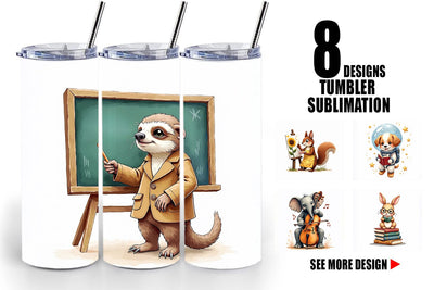 Tumbler Brainy Buddies Scholarly Animals Watercolor Sublimation artnoy 
