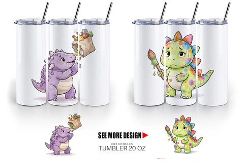 Tumbler Chaotic Messy Baby Dino Watercolor Sublimation artnoy 