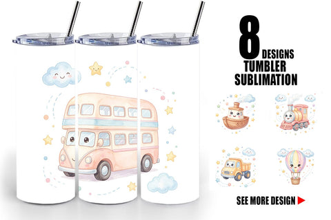 Tumbler Cheerful Nursery Vehicle Watercolor Sublimation artnoy 