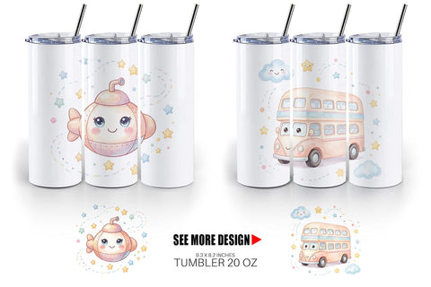 Tumbler Cheerful Nursery Vehicle Watercolor Sublimation artnoy 