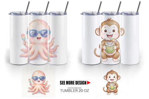 Tumbler Cheerful Summer Animals Watercolor Sublimation artnoy 