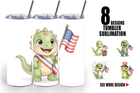 Tumbler Chibi Patriotic Parade Dino Watercolor Sublimation artnoy 