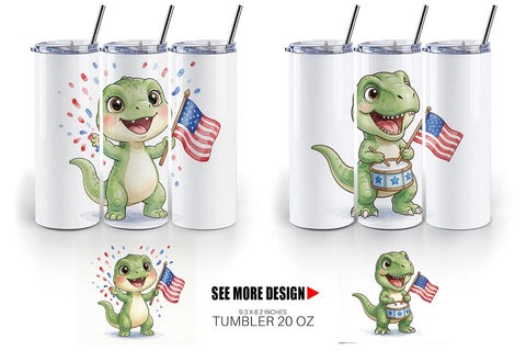 Tumbler Chibi Patriotic Parade Dino Watercolor Sublimation artnoy 