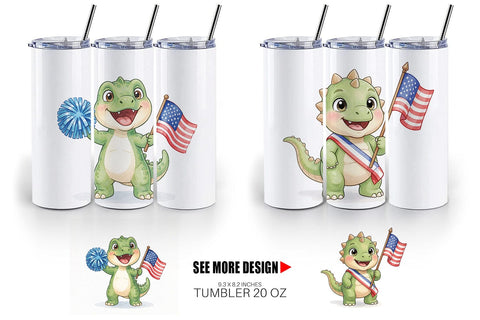 Tumbler Chibi Patriotic Parade Dino Watercolor Sublimation artnoy 