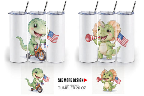 Tumbler Chibi Patriotic Parade Dino Watercolor Sublimation artnoy 