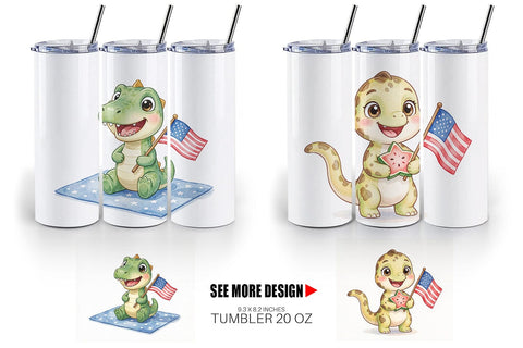 Tumbler Chubby BBQ Dino Patriotic Watercolor Sublimation artnoy 