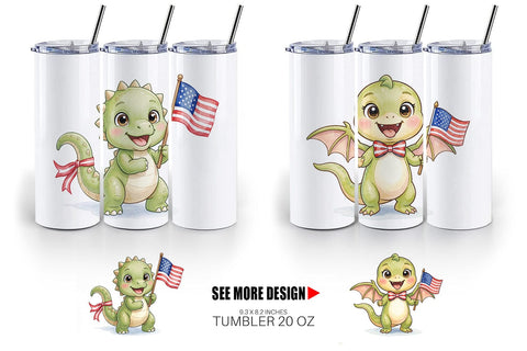 Tumbler Chubby BBQ Dino Patriotic Watercolor Sublimation artnoy 