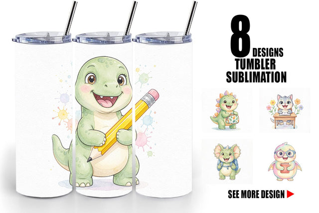 Tumbler Chubby School Dino Watercolor Sublimation artnoy 