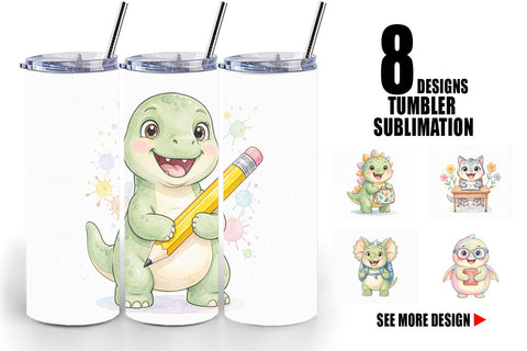 Tumbler Chubby School Dino Watercolor Sublimation artnoy 