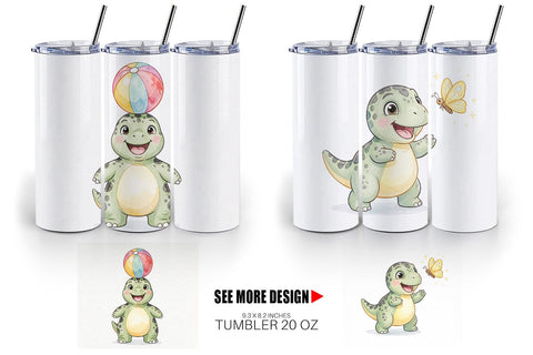 Tumbler Chubby Summer Dinosaur Watercolor Sublimation artnoy 