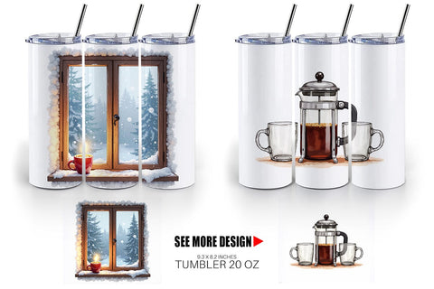 Tumbler Cozy Winter Cafe Watercolor Sublimation artnoy 