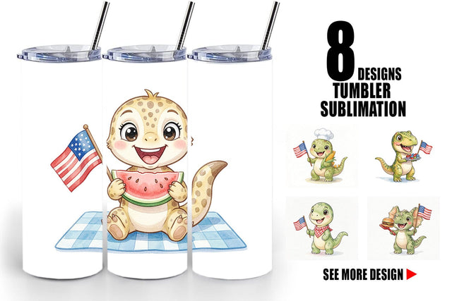 Tumbler Cute Picnic BBQ Dino Watercolor Sublimation artnoy 