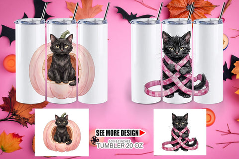 Tumbler Cynical Black Cat Pink Retro Watercolor Sublimation artnoy 