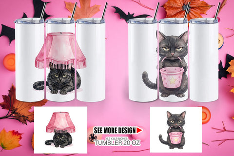 Tumbler Cynical Black Cat Pink Retro Watercolor Sublimation artnoy 