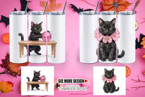 Tumbler Cynical Black Cat Pink Retro Watercolor Sublimation artnoy 