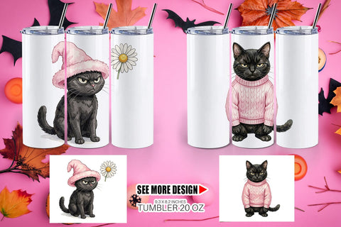 Tumbler Cynical Black Cat Pink Retro Watercolor Sublimation artnoy 