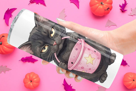 Tumbler Cynical Black Cat Pink Retro Watercolor Sublimation artnoy 
