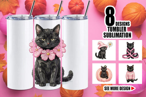 Tumbler Cynical Black Cat Pink Retro Watercolor Sublimation artnoy 
