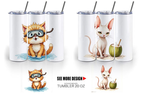 Tumbler Cynical Summer Cats Watercolor Sublimation artnoy 