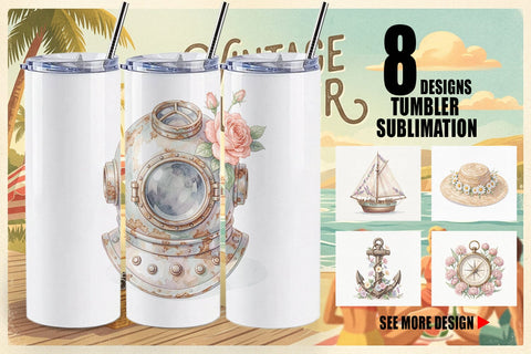 Tumbler Elegant Coastal Summer Watercolor Sublimation artnoy 