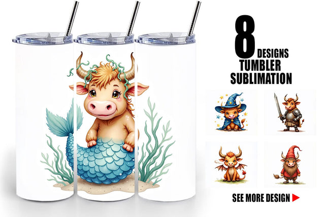 Tumbler Enchanted Highland Cows UglyCute Fantasy Watercolor Sublimation artnoy 