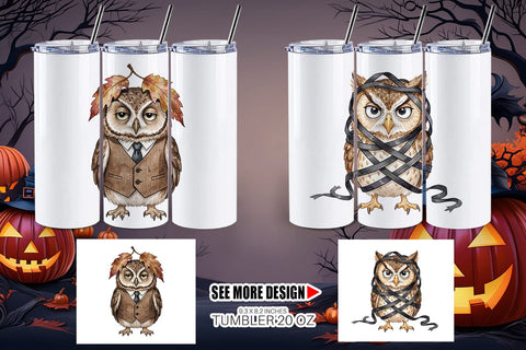 Tumbler Exhausted Owl Dark Academia Watercolor Sublimation artnoy 