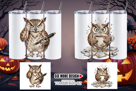 Tumbler Exhausted Owl Dark Academia Watercolor Sublimation artnoy 