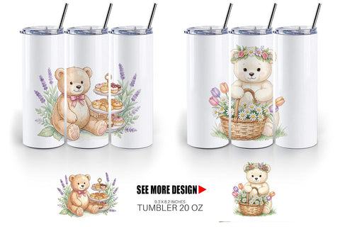 Tumbler Floral Garden Teddy Bear Watercolor Sublimation artnoy 