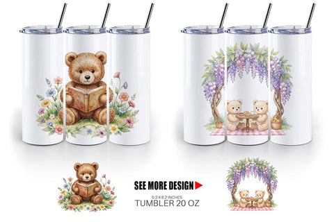Tumbler Floral Garden Teddy Bear Watercolor Sublimation artnoy 
