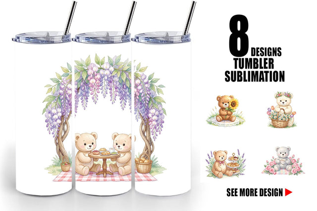 Tumbler Floral Garden Teddy Bear Watercolor Sublimation artnoy 