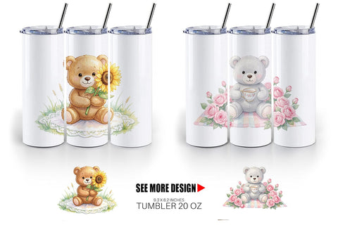 Tumbler Floral Garden Teddy Bear Watercolor Sublimation artnoy 