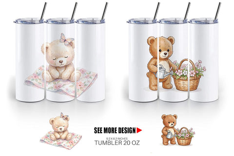 Tumbler Floral Garden Teddy Bear Watercolor Sublimation artnoy 