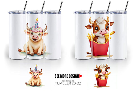 Tumbler Foodie Highland Cow UglyCute Watercolor Treats Sublimation artnoy 