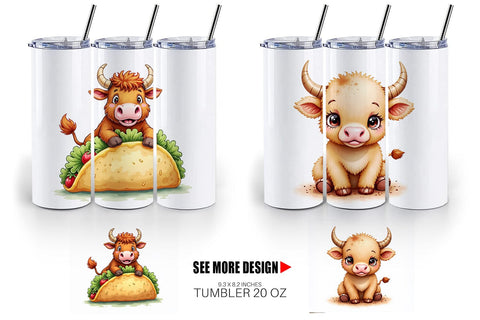 Tumbler Foodie Highland Cow UglyCute Watercolor Treats Sublimation artnoy 
