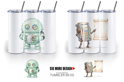 Tumbler Friendly Retro School Robot Watercolor Sublimation artnoy 