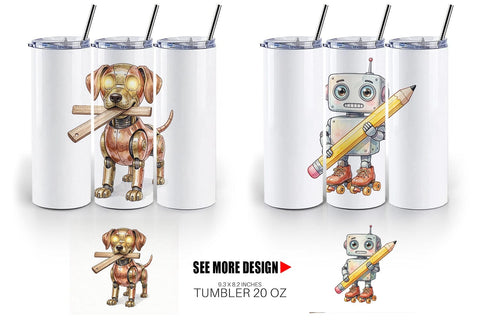Tumbler Friendly Retro School Robot Watercolor Sublimation artnoy 