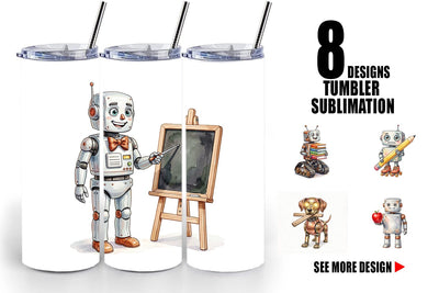 Tumbler Friendly Retro School Robot Watercolor Sublimation artnoy 