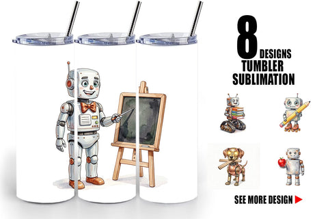 Tumbler Friendly Retro School Robot Watercolor Sublimation artnoy 