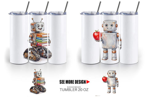 Tumbler Friendly Retro School Robot Watercolor Sublimation artnoy 