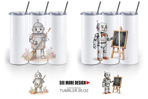Tumbler Friendly Retro School Robot Watercolor Sublimation artnoy 