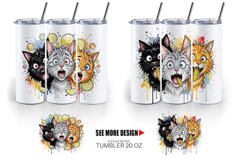 Tumbler Funny Treat Panic Cats Watercolor Sublimation artnoy 