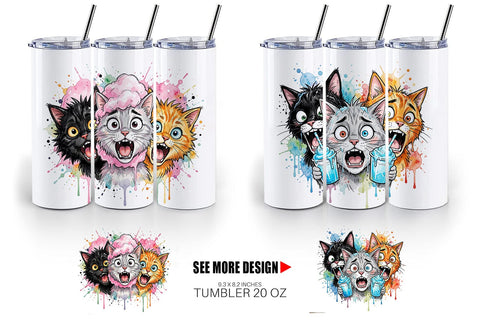 Tumbler Funny Treat Panic Cats Watercolor Sublimation artnoy 