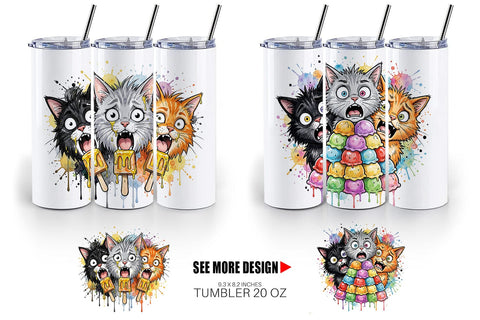 Tumbler Funny Treat Panic Cats Watercolor Sublimation artnoy 