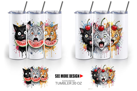 Tumbler Funny Treat Panic Cats Watercolor Sublimation artnoy 