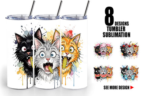 Tumbler Funny Treat Panic Cats Watercolor Sublimation artnoy 