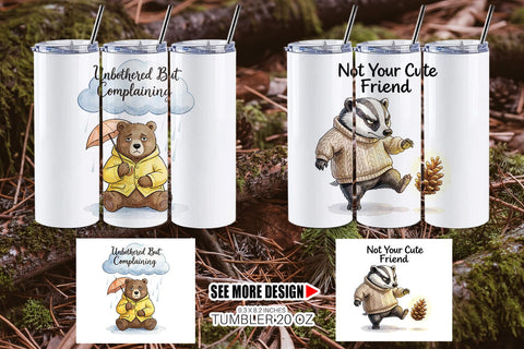Tumbler Grumpy Bear Badger Hygge Watercolor Sublimation artnoy 