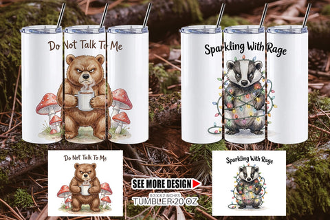 Tumbler Grumpy Bear Badger Hygge Watercolor Sublimation artnoy 